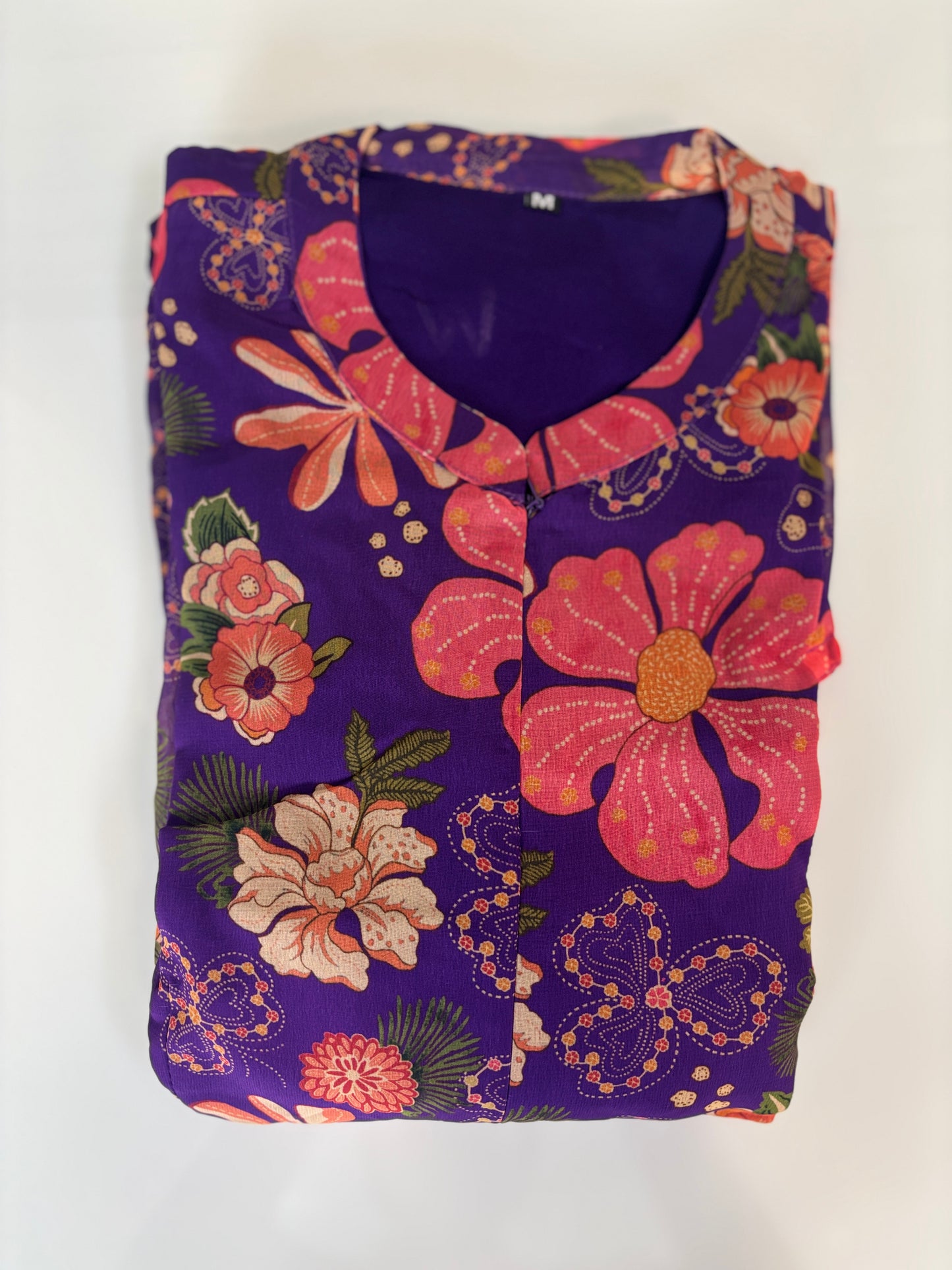 Violet with Multicolor Floral Printed Short Sleeves Georgette Center Zip Maxi