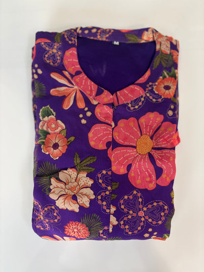 Violet with Multicolor Floral Printed Short Sleeves Georgette Center Zip Maxi
