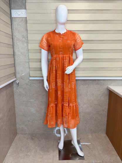 Orange with Zari Motifs Printed Short Sleeves Georgette Center Zip Maxi