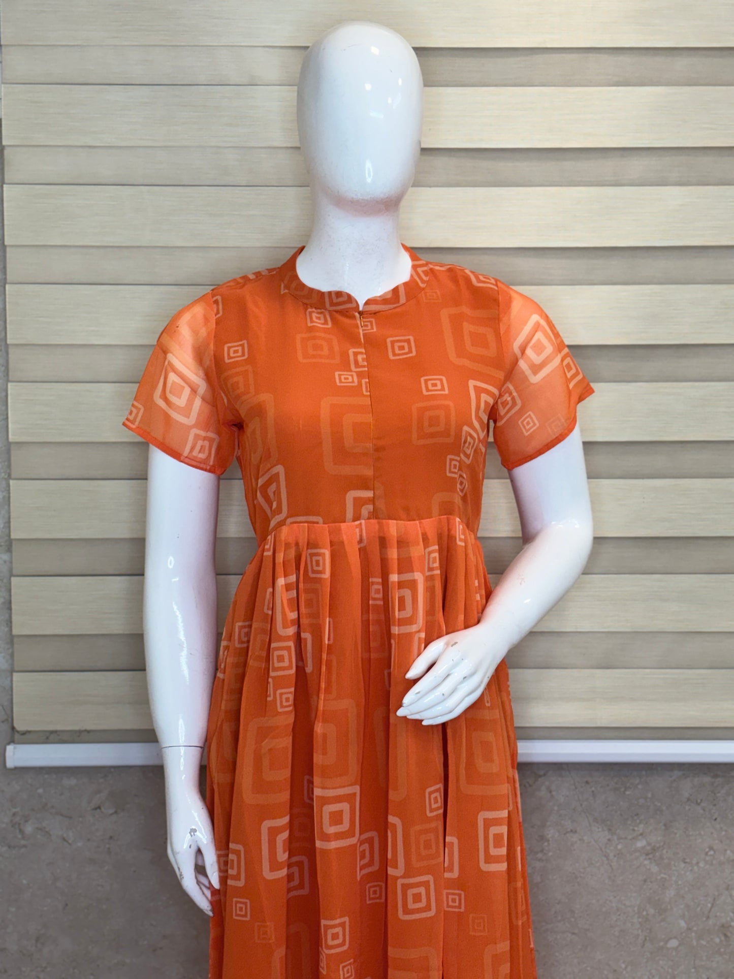Orange with Zari Motifs Printed Short Sleeves Georgette Center Zip Maxi