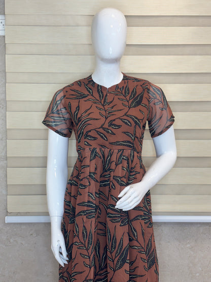 Dark Brown with Ethnic Floral Printed Short Sleeves Georgette Center Zip Maxi