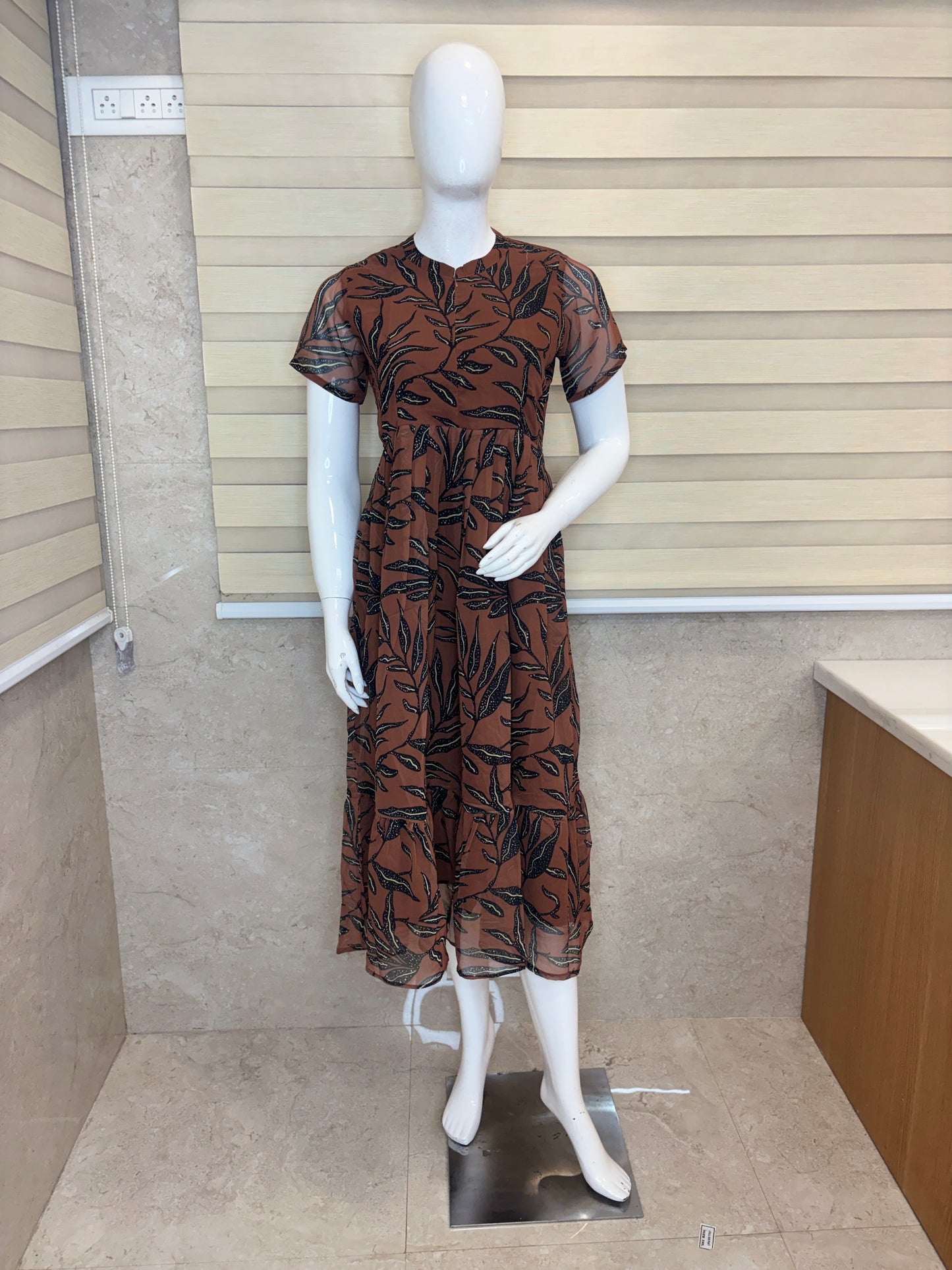 Dark Brown with Ethnic Floral Printed Short Sleeves Georgette Center Zip Maxi