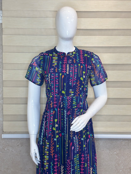 Navy Blue with Micro-Floral Printed Short Sleeves Georgette Center Zip Maxi
