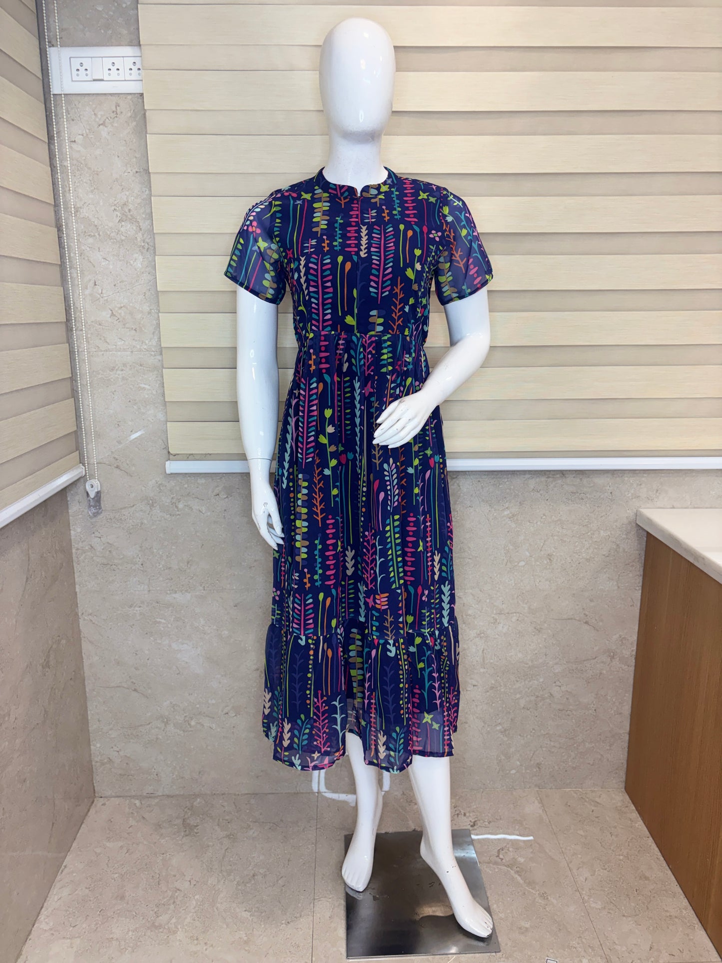 Navy Blue with Micro-Floral Printed Short Sleeves Georgette Center Zip Maxi