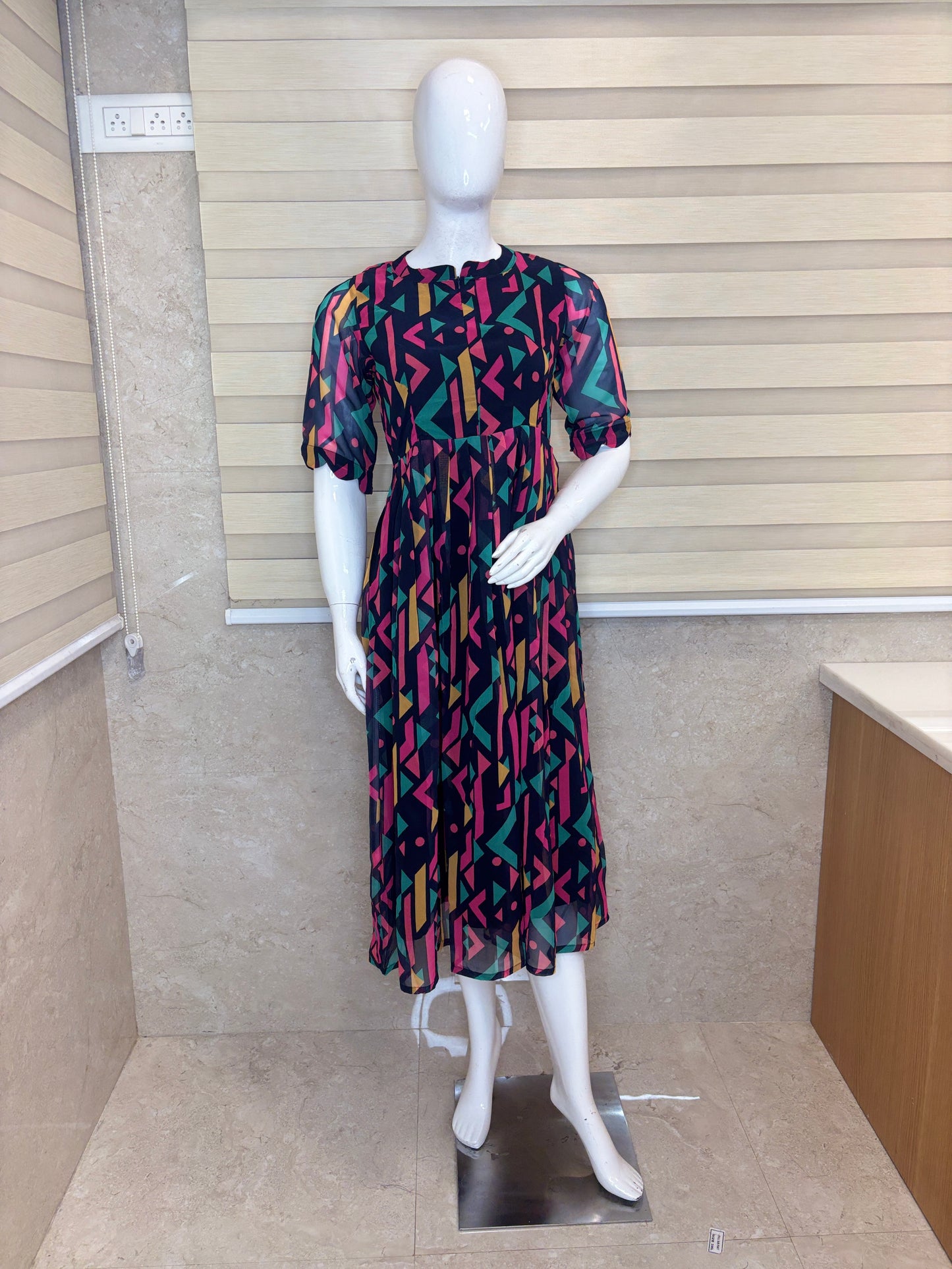 Navy Blue with Multicolor Ikat Printed Elbow Sleeves Georgette Center Zip Maxi