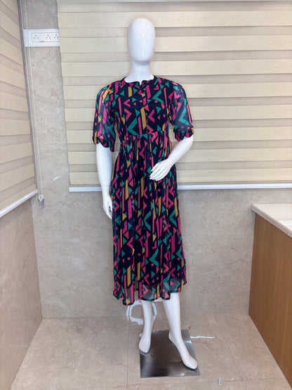 Navy Blue with Multicolor Ikat Printed Elbow Sleeves Georgette Center Zip Maxi
