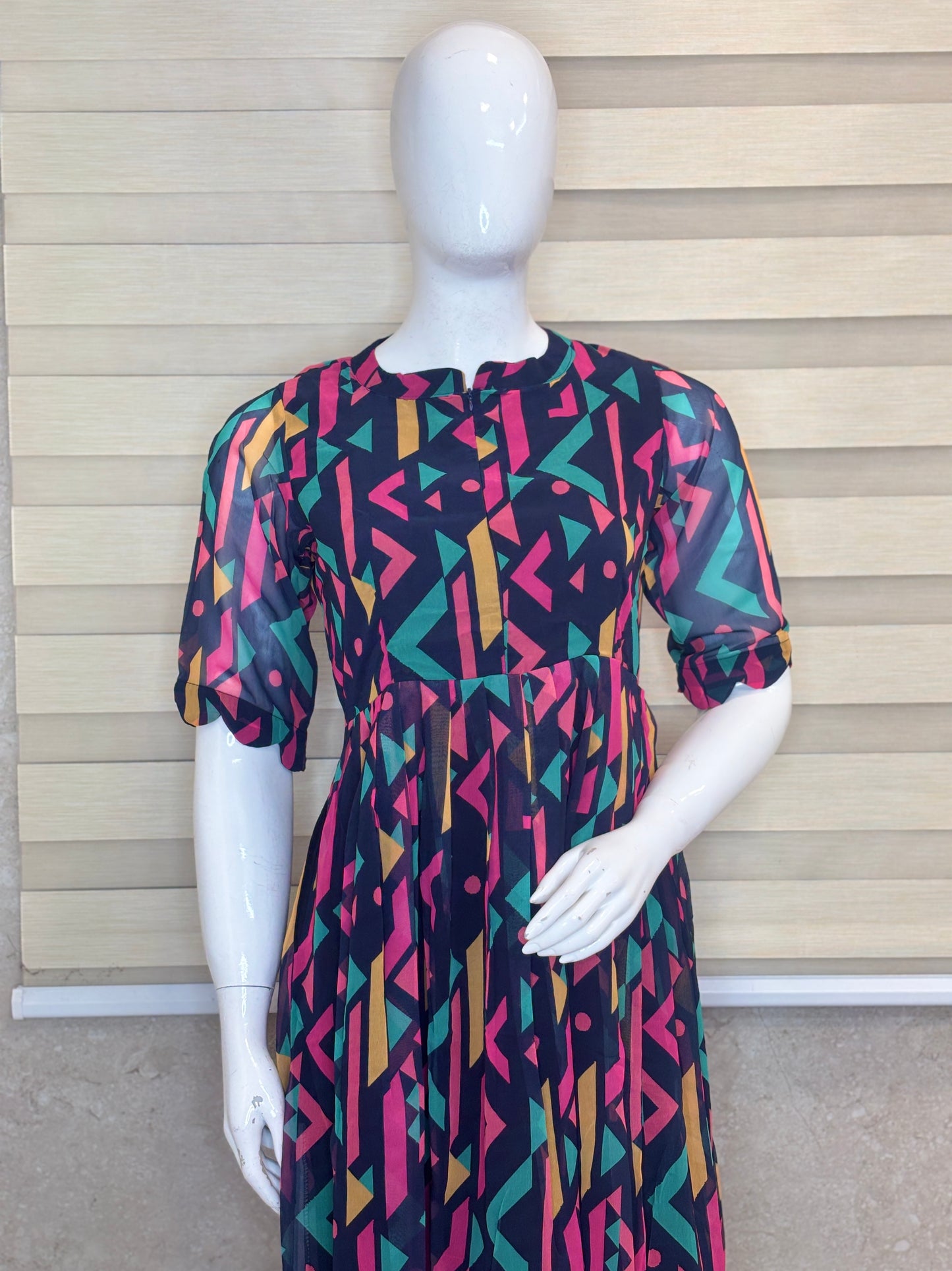 Navy Blue with Multicolor Ikat Printed Elbow Sleeves Georgette Center Zip Maxi