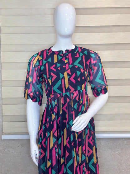 Navy Blue with Multicolor Ikat Printed Elbow Sleeves Georgette Center Zip Maxi