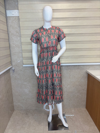 Olive Brown with Ditsy Floral Printed Short Sleeves Georgette Center Zip Maxi