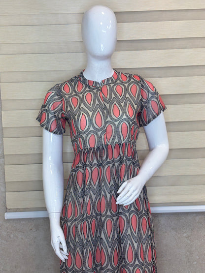 Olive Brown with Ditsy Floral Printed Short Sleeves Georgette Center Zip Maxi