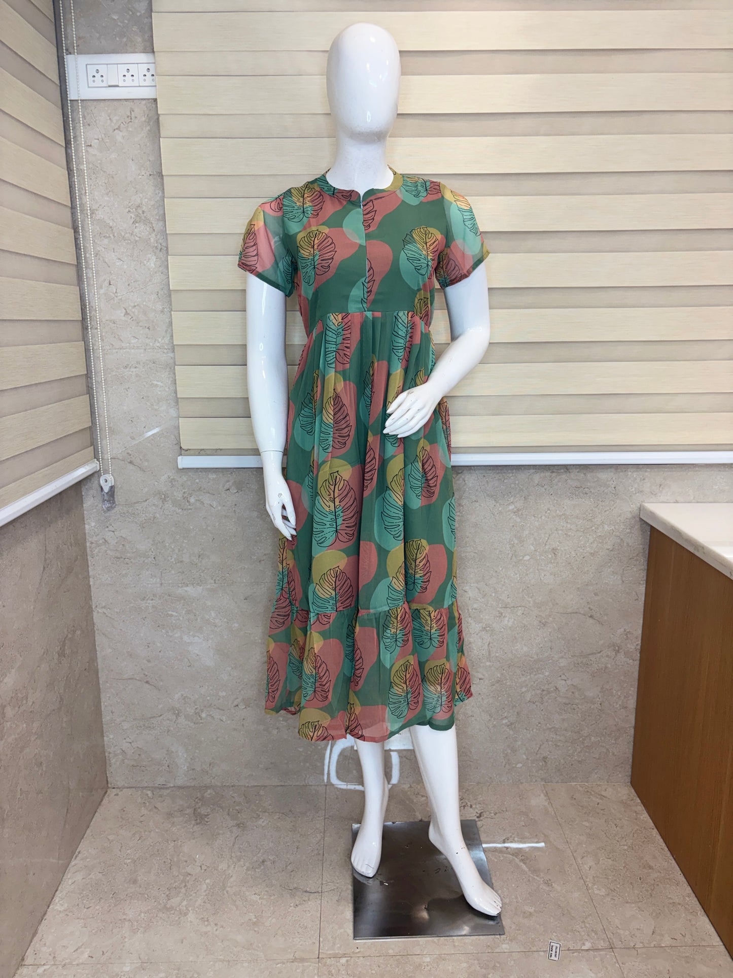 Sea Green with Botanical Printed Short Sleeves Georgette Center Zip Maxi