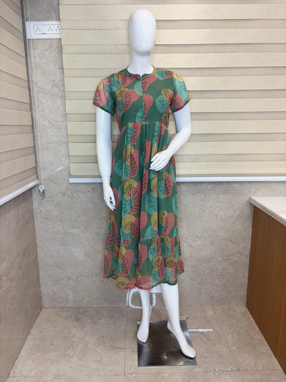 Sea Green with Botanical Printed Short Sleeves Georgette Center Zip Maxi