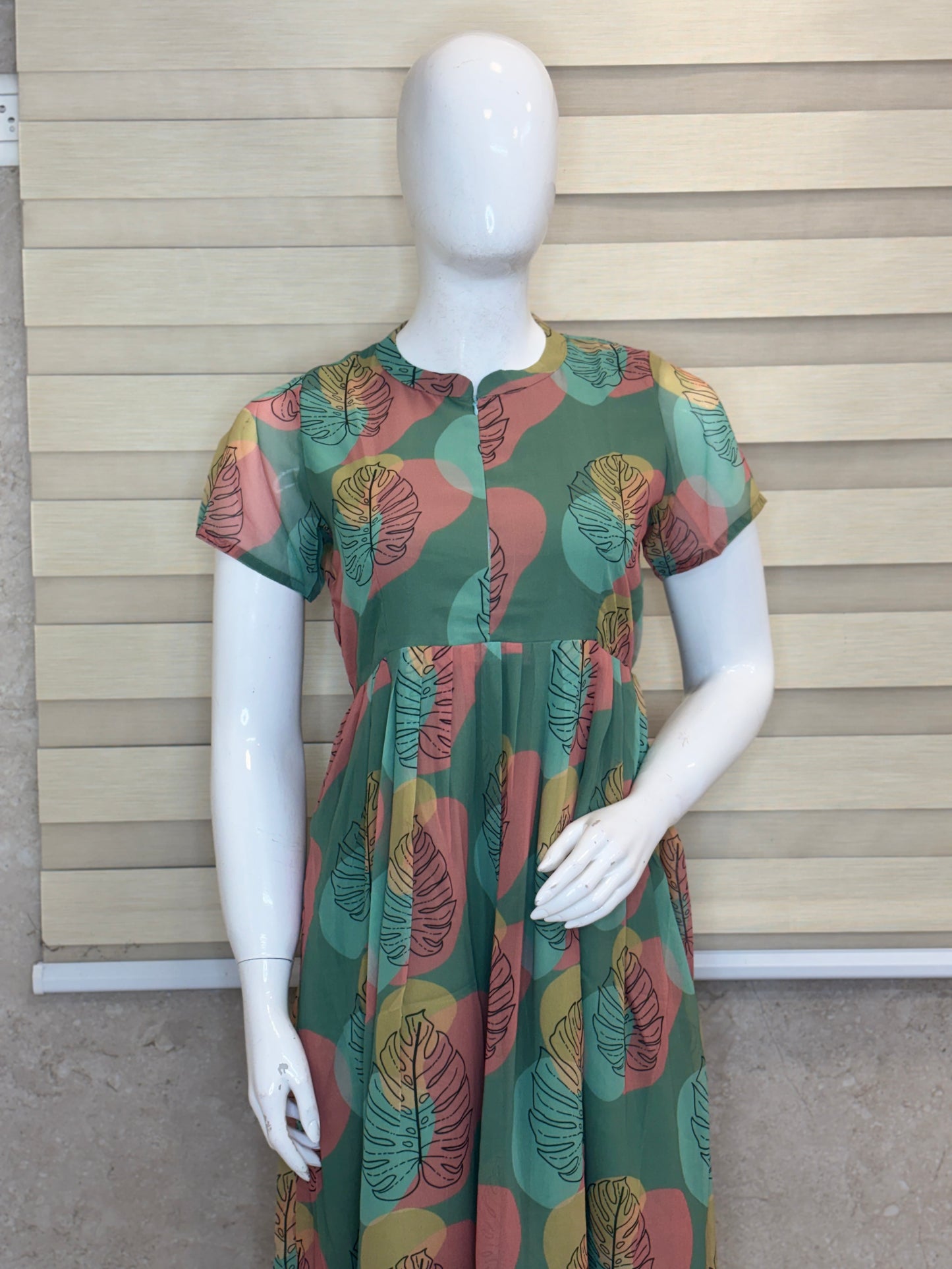 Sea Green with Botanical Printed Short Sleeves Georgette Center Zip Maxi