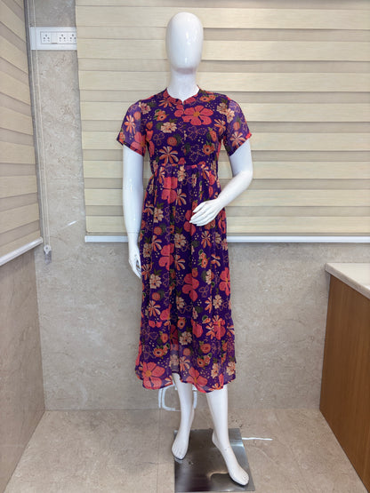 Violet with Multicolor Floral Printed Short Sleeves Georgette Center Zip Maxi