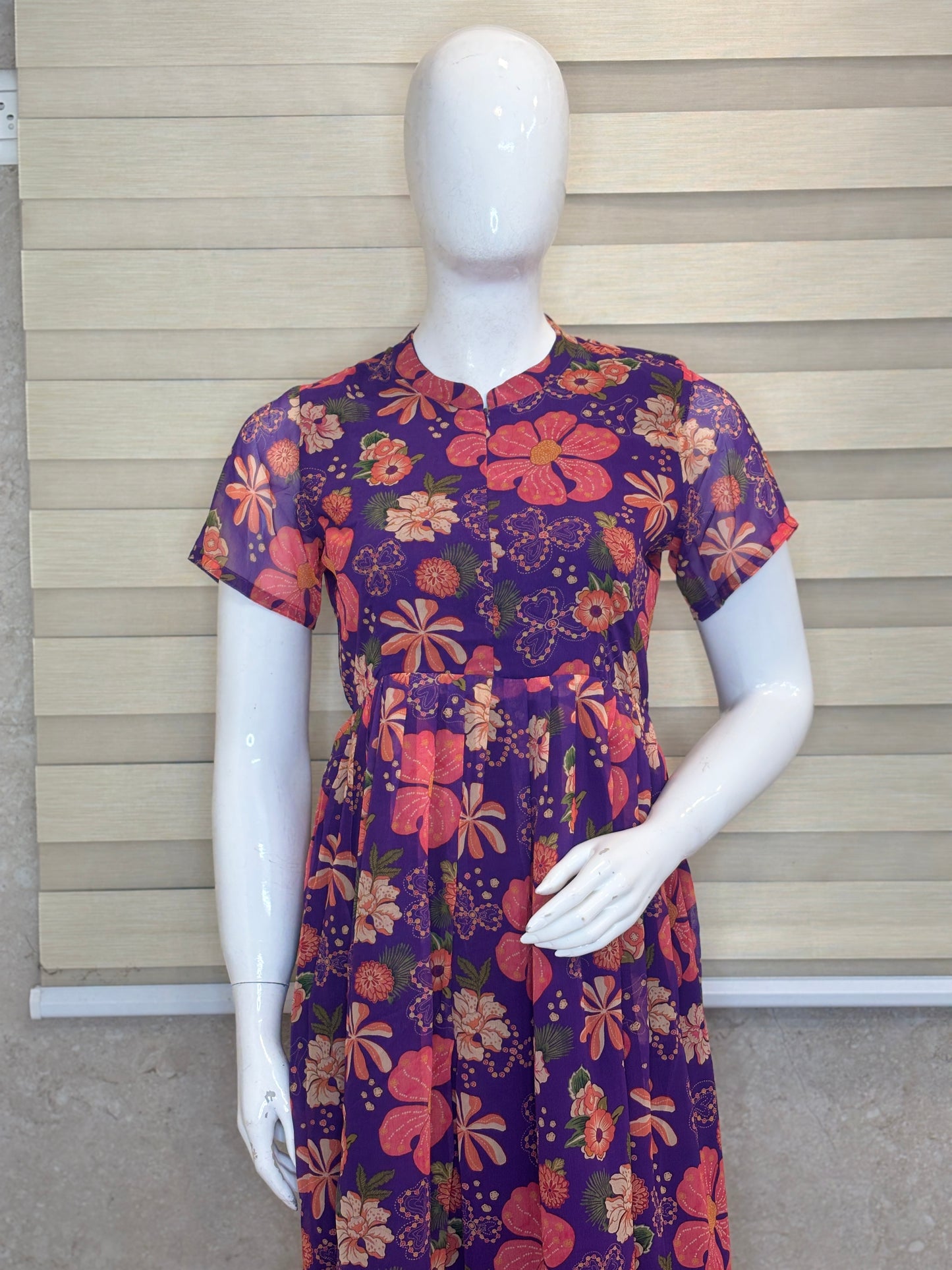 Violet with Multicolor Floral Printed Short Sleeves Georgette Center Zip Maxi