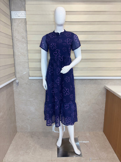 Dark Blue with Floral Shapes Printed Short Sleeves Georgette Center Zip Maxi