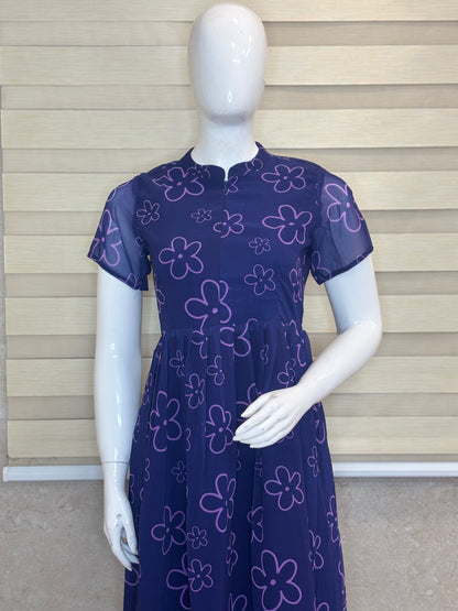 Dark Blue with Floral Shapes Printed Short Sleeves Georgette Center Zip Maxi
