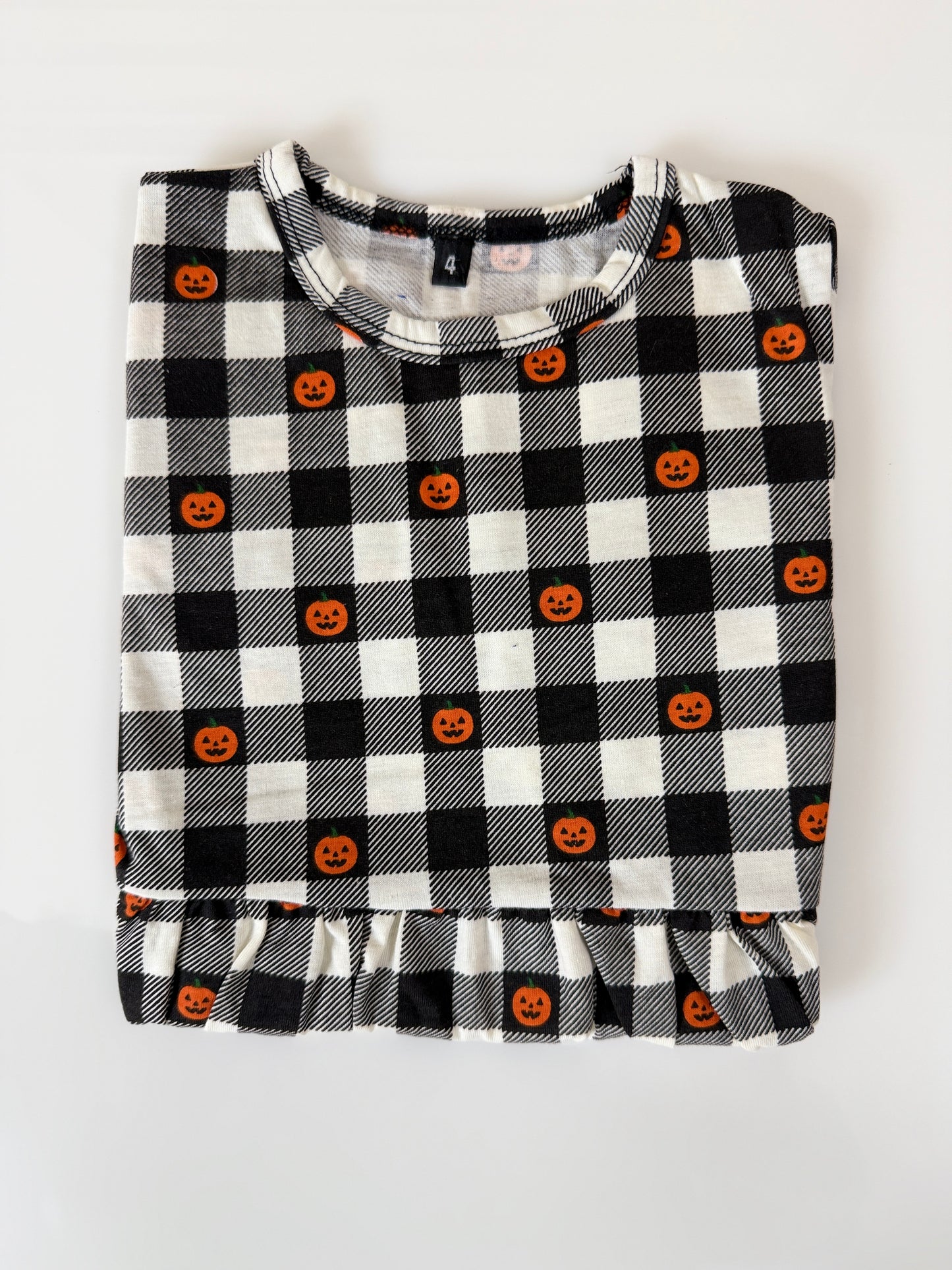 Black & White Checked Pumpkin Print Kids Frock