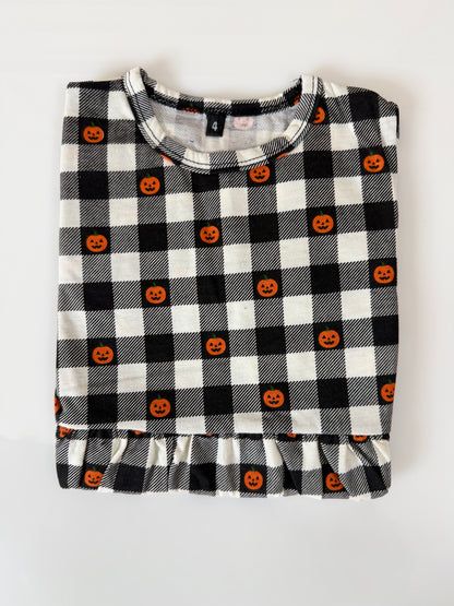 Black & White Checked Pumpkin Print Kids Frock
