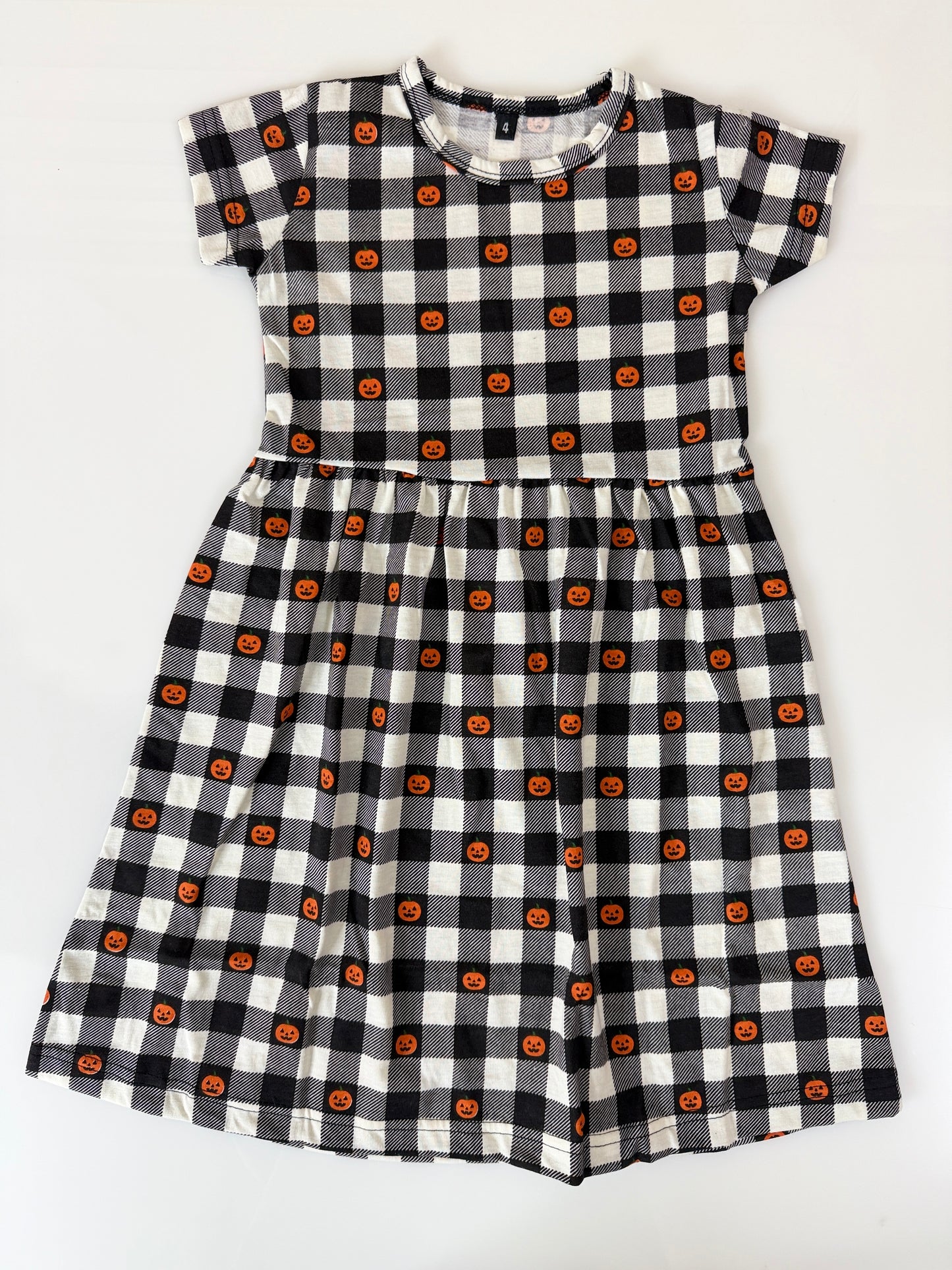 Black & White Checked Pumpkin Print Kids Frock
