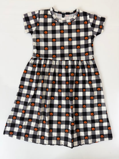 Black & White Checked Pumpkin Print Kids Frock