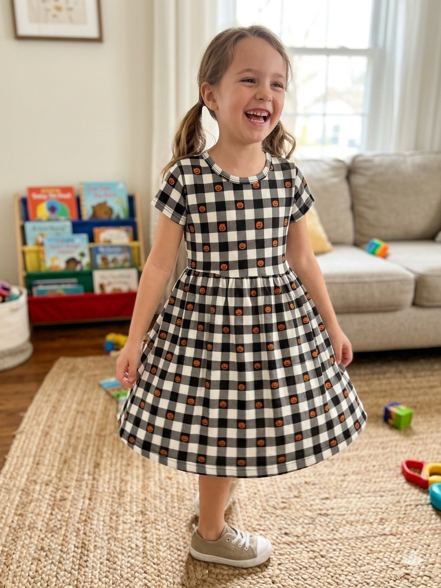 Black & White Checked Pumpkin Print Kids Frock