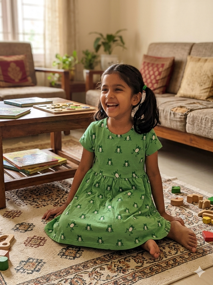 Green Frog Print Kids Frock