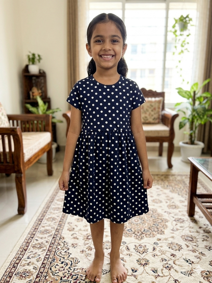 Navy Blue Polka Dot Print Kids Frock