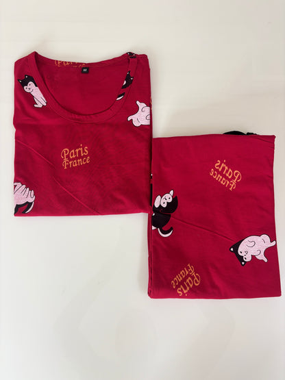 Women's Ruby Red Paris Cat Lounge T-Shirt & Pant Set