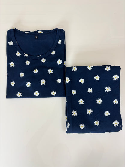Women's Navy Blue Daisy Print Lounge T-Shirt & Pant Set