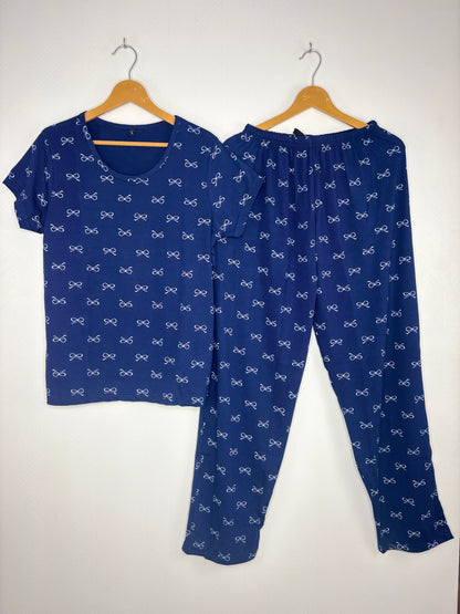 Women's Royal Blue Bow Print Lounge T-Shirt & Pant Set