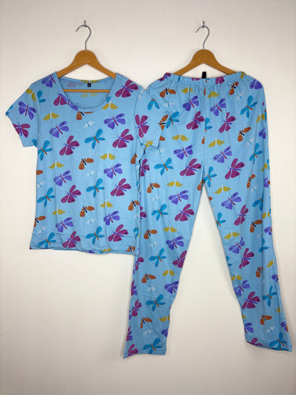 Women's Baby Blue Dragonfly Print Lounge T-Shirt & Pant Set