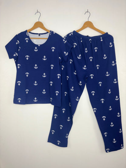 Women's Navy Blue Anchor Print Lounge T-Shirt & Pant Set
