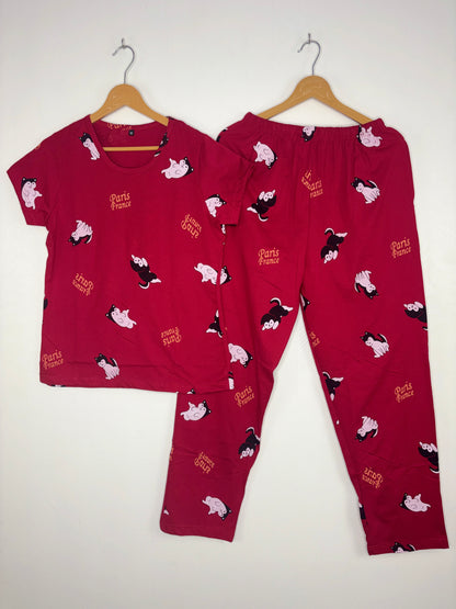Women's Ruby Red Paris Cat Lounge T-Shirt & Pant Set