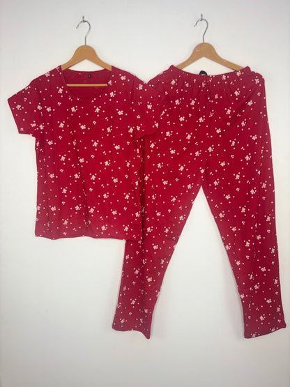 Women's Cherry Red Tiny Blossom Lounge T-Shirt & Pant Set