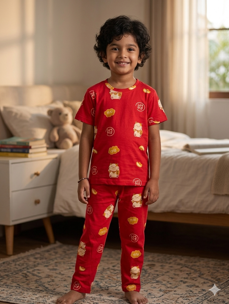 Kids Red Lucky Cat Print T-Shirt & Pant Set