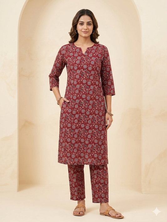 Maroon Floral Vine Print Outdoor Wear Co-ords