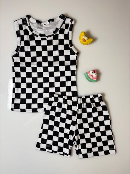 Black & White Checked Kids Sleeveless Coords