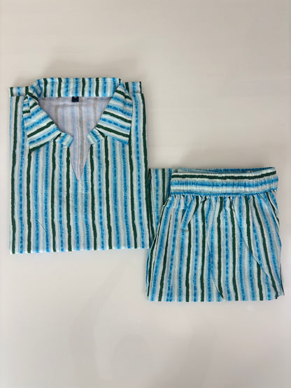 Sky Blue Striped Print Outdoor Wear Co-ords