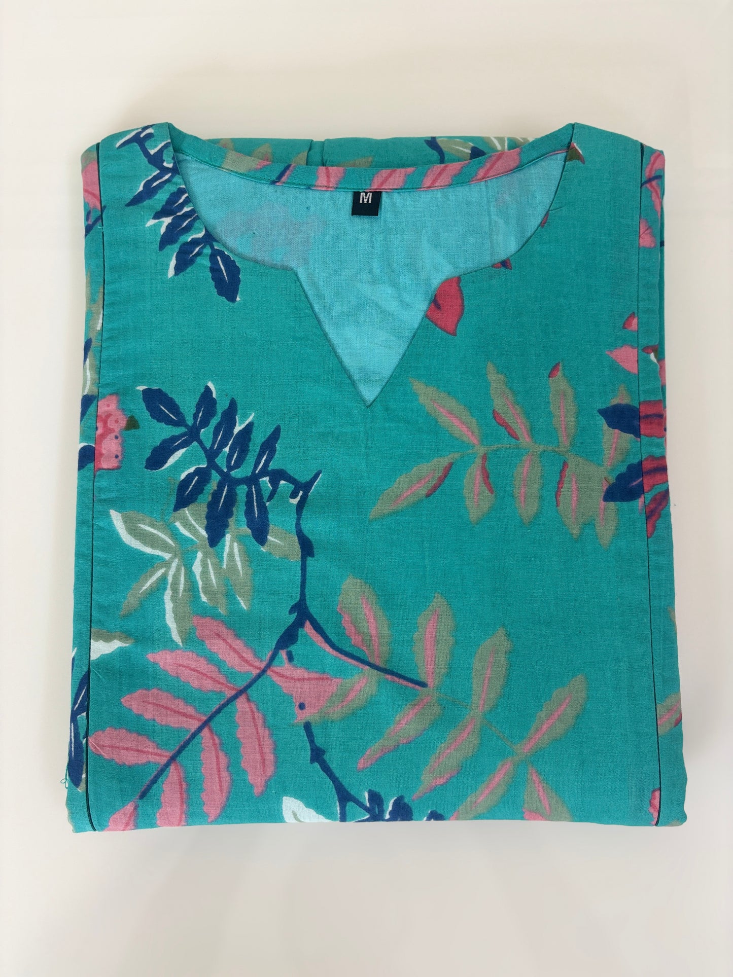 Teal Blue Leaf Print Double Zip Cotton Maxi