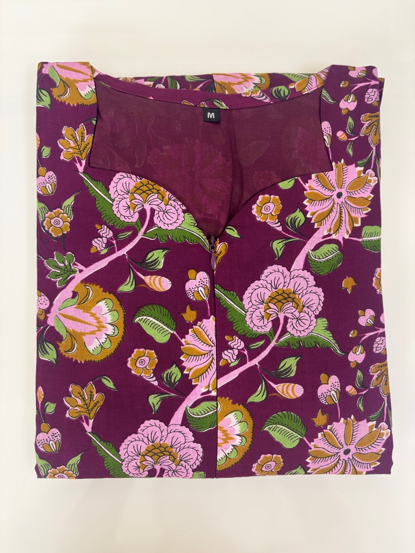 Maroon Floral Print Double Zip Cotton Maxi
