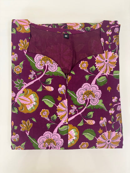 Maroon Floral Print Double Zip Cotton Maxi