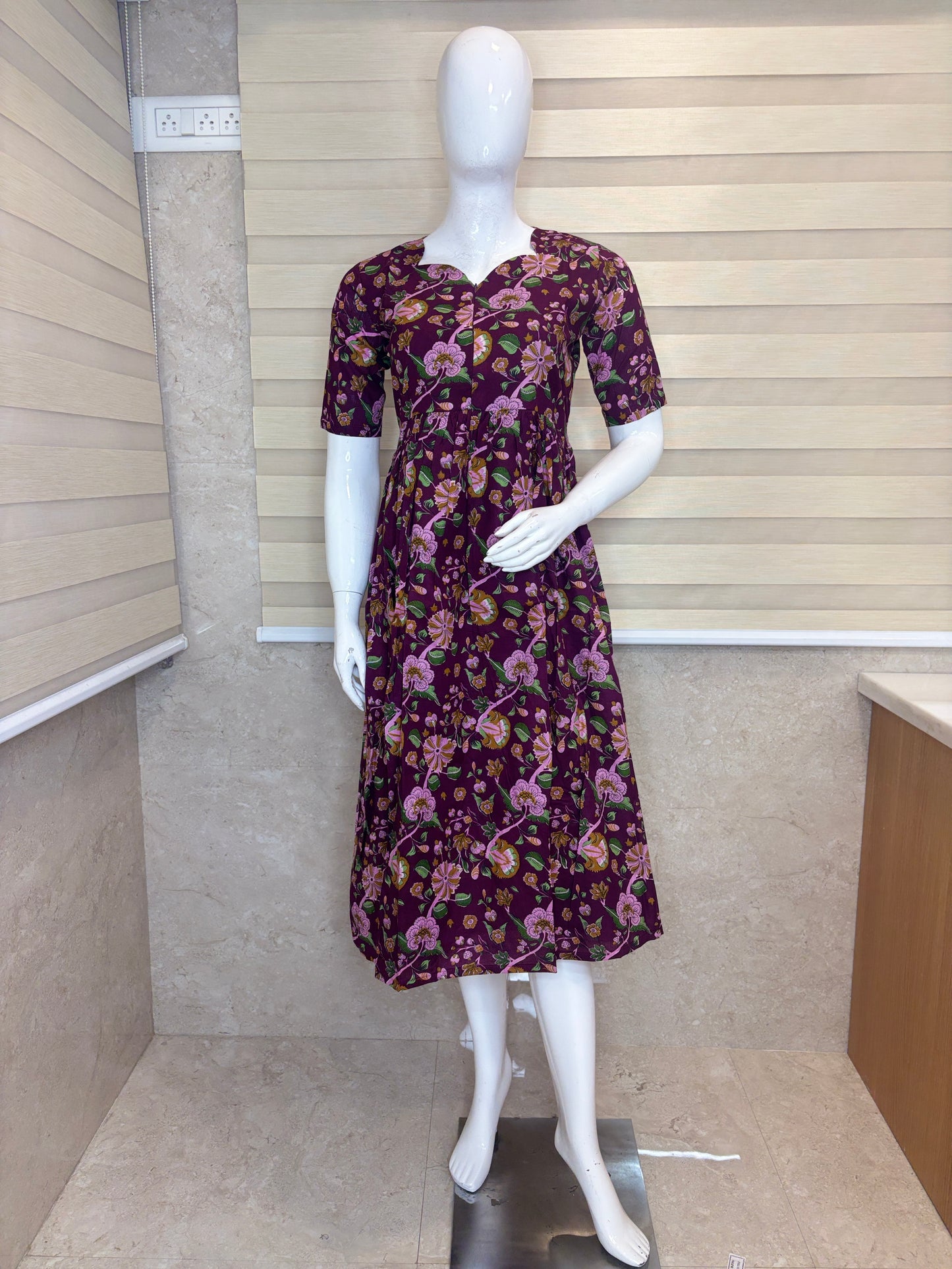 Maroon Floral Print Double Zip Cotton Maxi