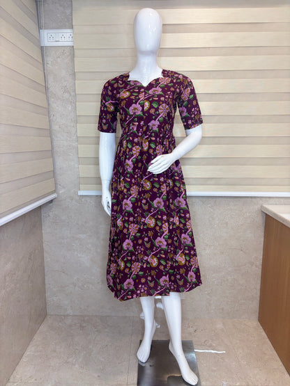 Maroon Floral Print Double Zip Cotton Maxi