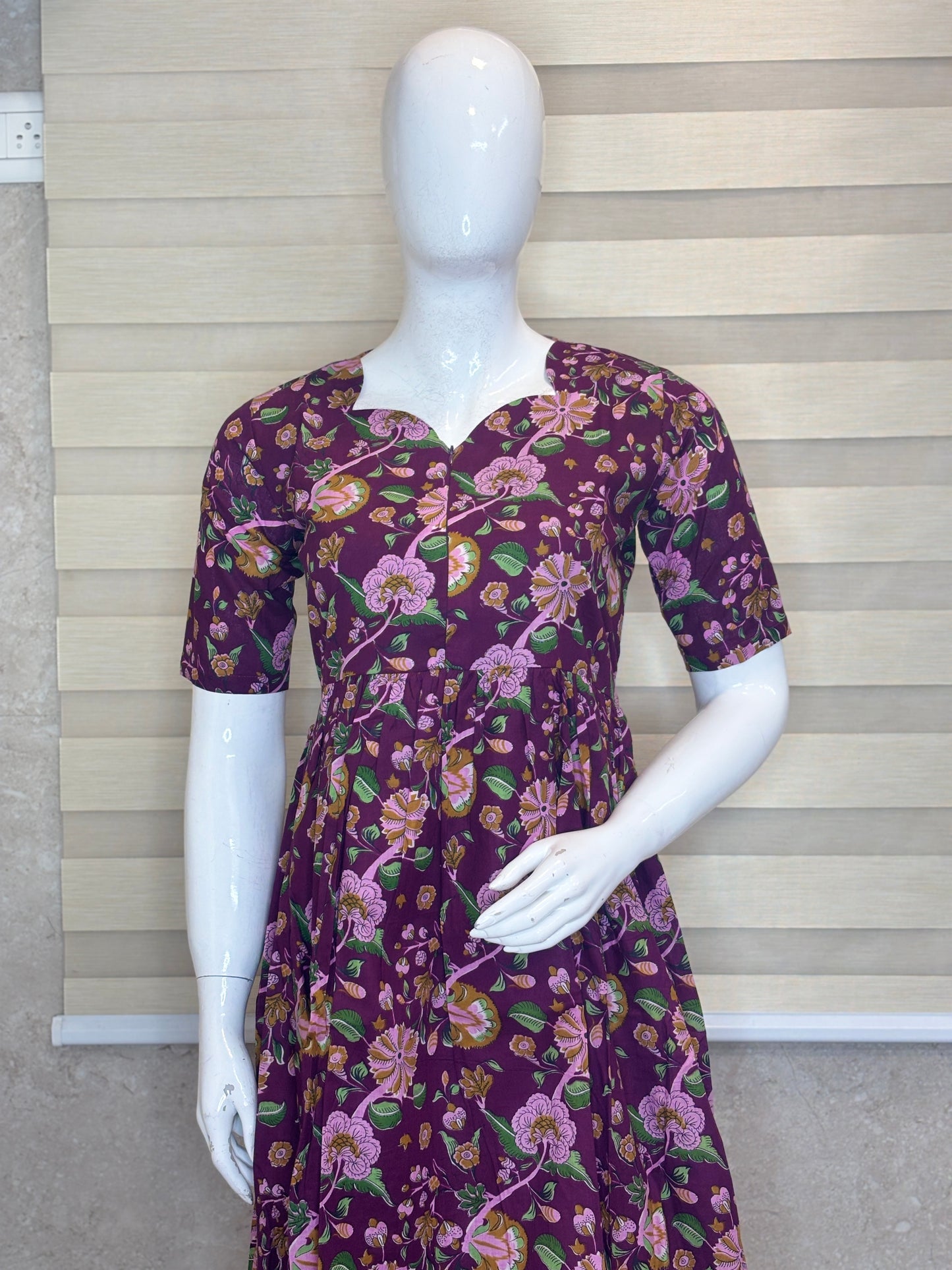 Maroon Floral Print Double Zip Cotton Maxi