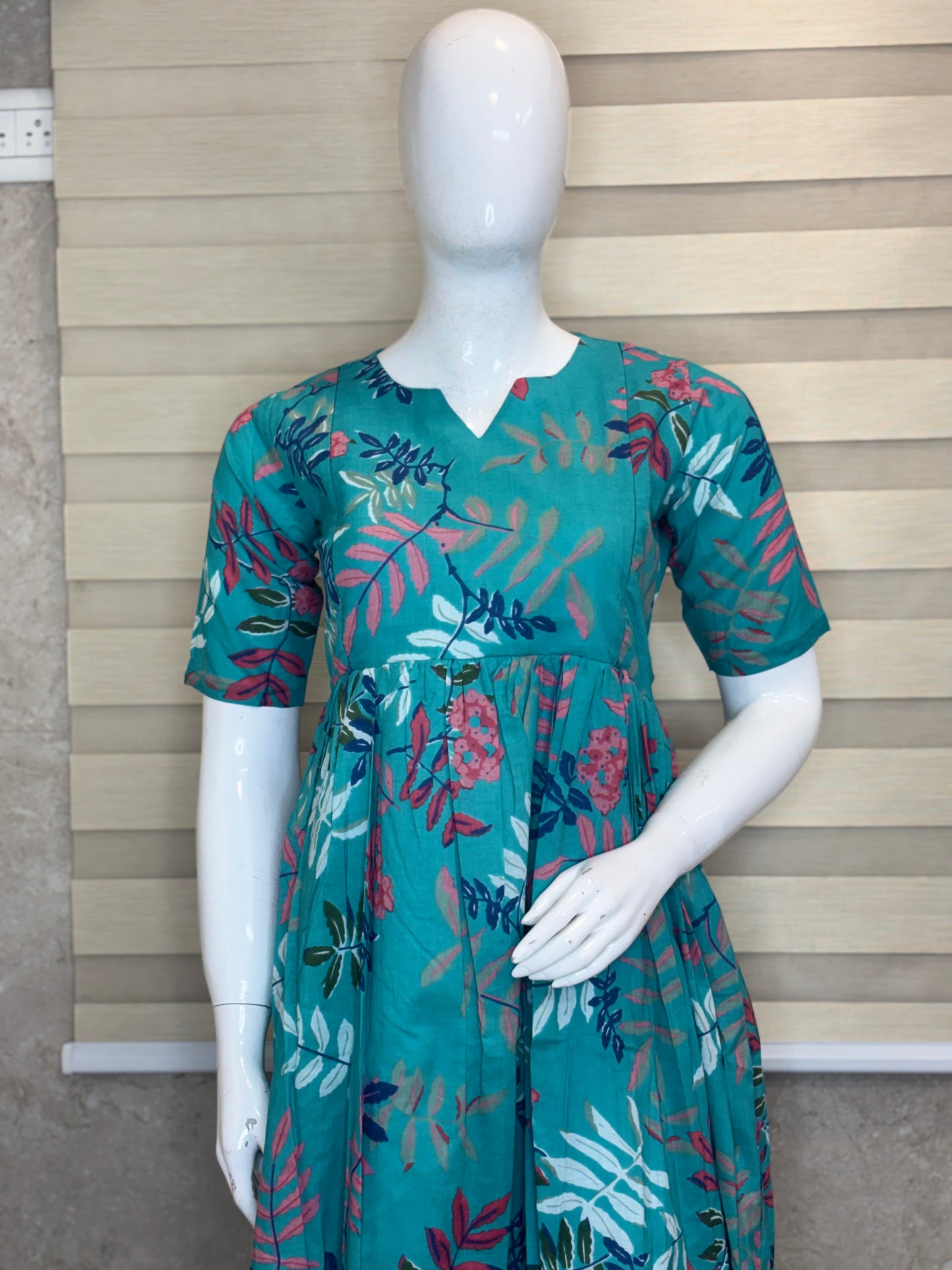Teal Blue Leaf Print Double Zip Cotton Maxi
