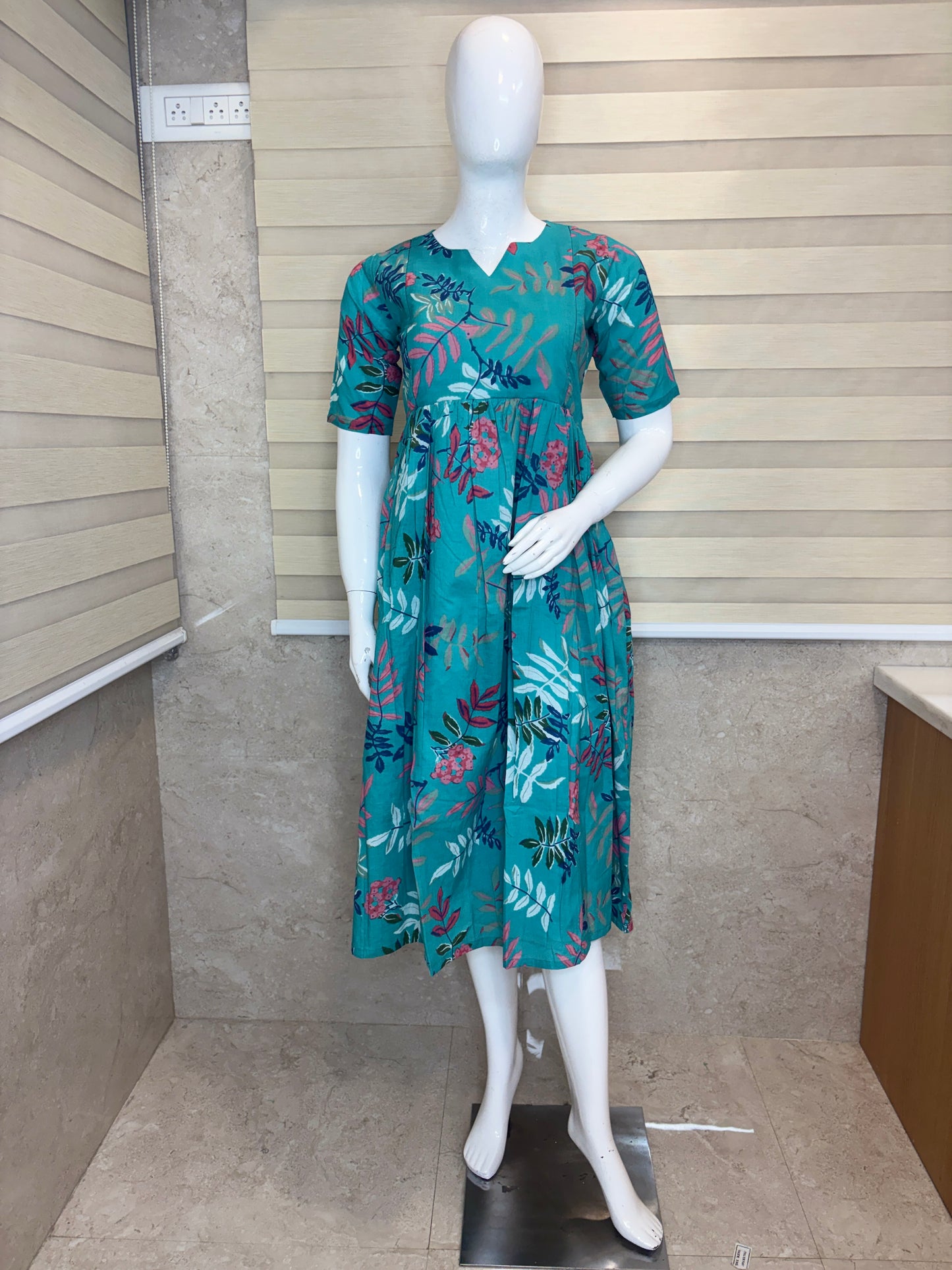 Teal Blue Leaf Print Double Zip Cotton Maxi