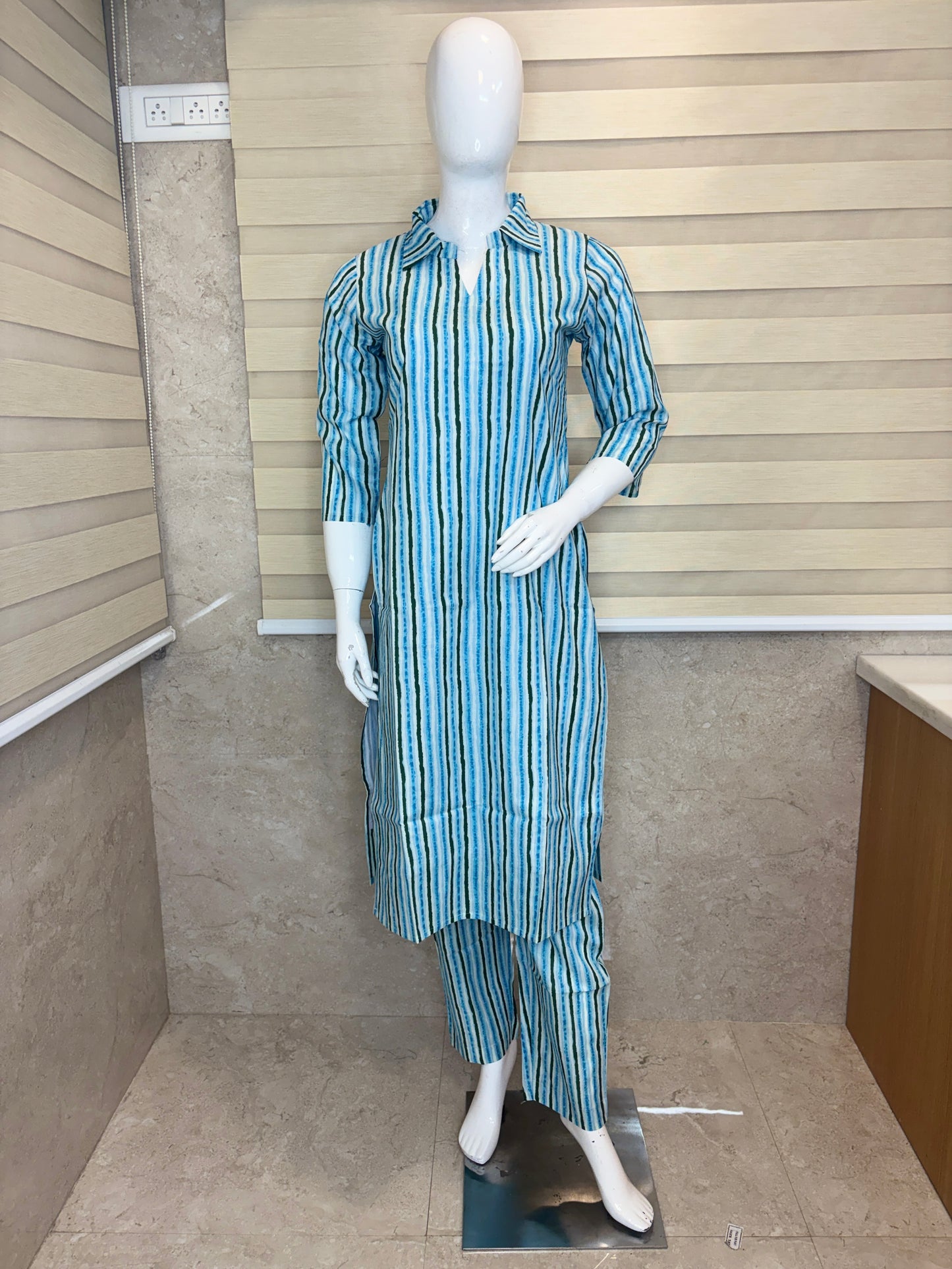 Sky Blue Striped Print Outdoor Wear Co-ords