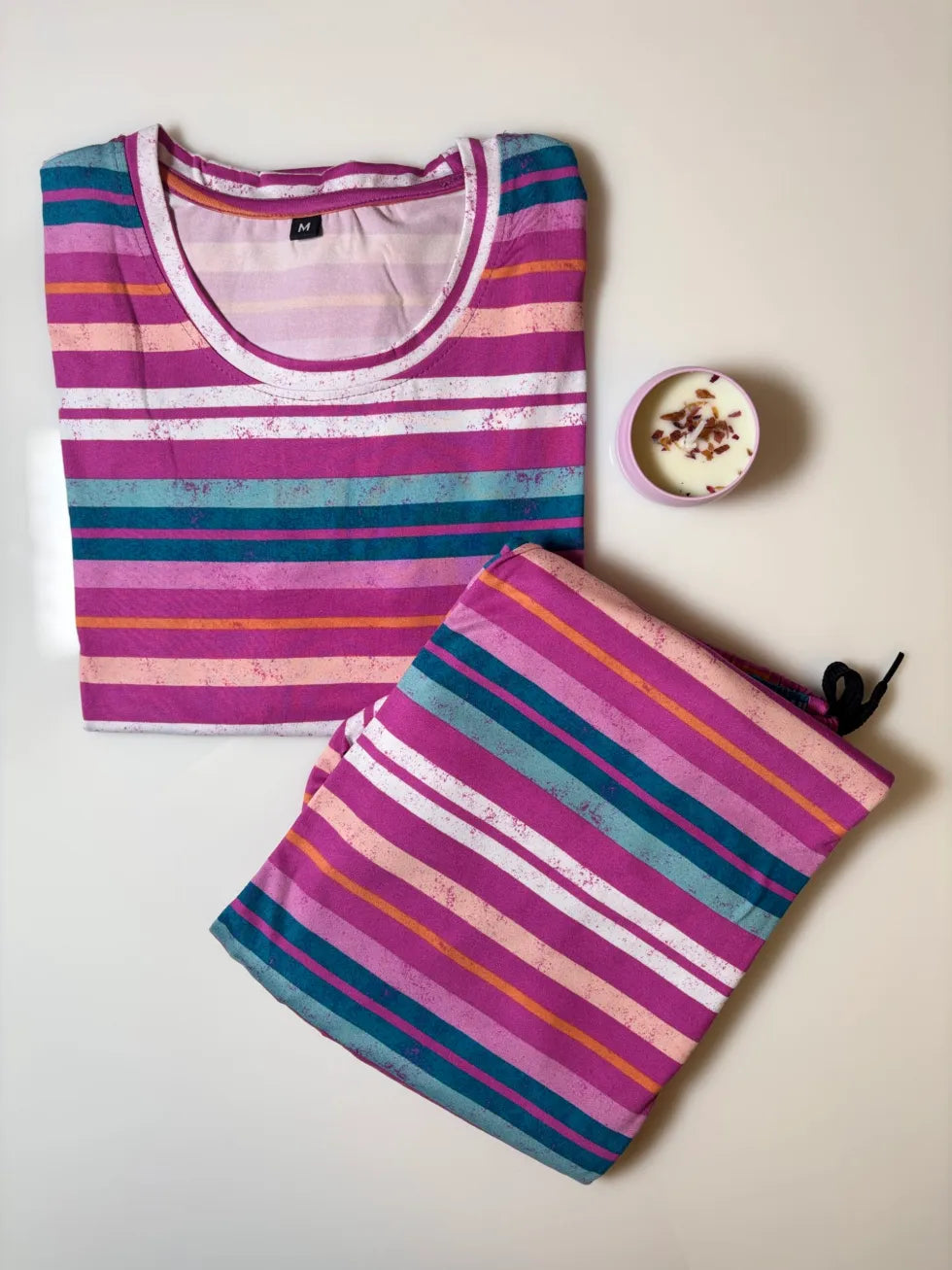 Spun Cotton Fabric Multicolor Lines Printed T-shirt and Palazzo Coords