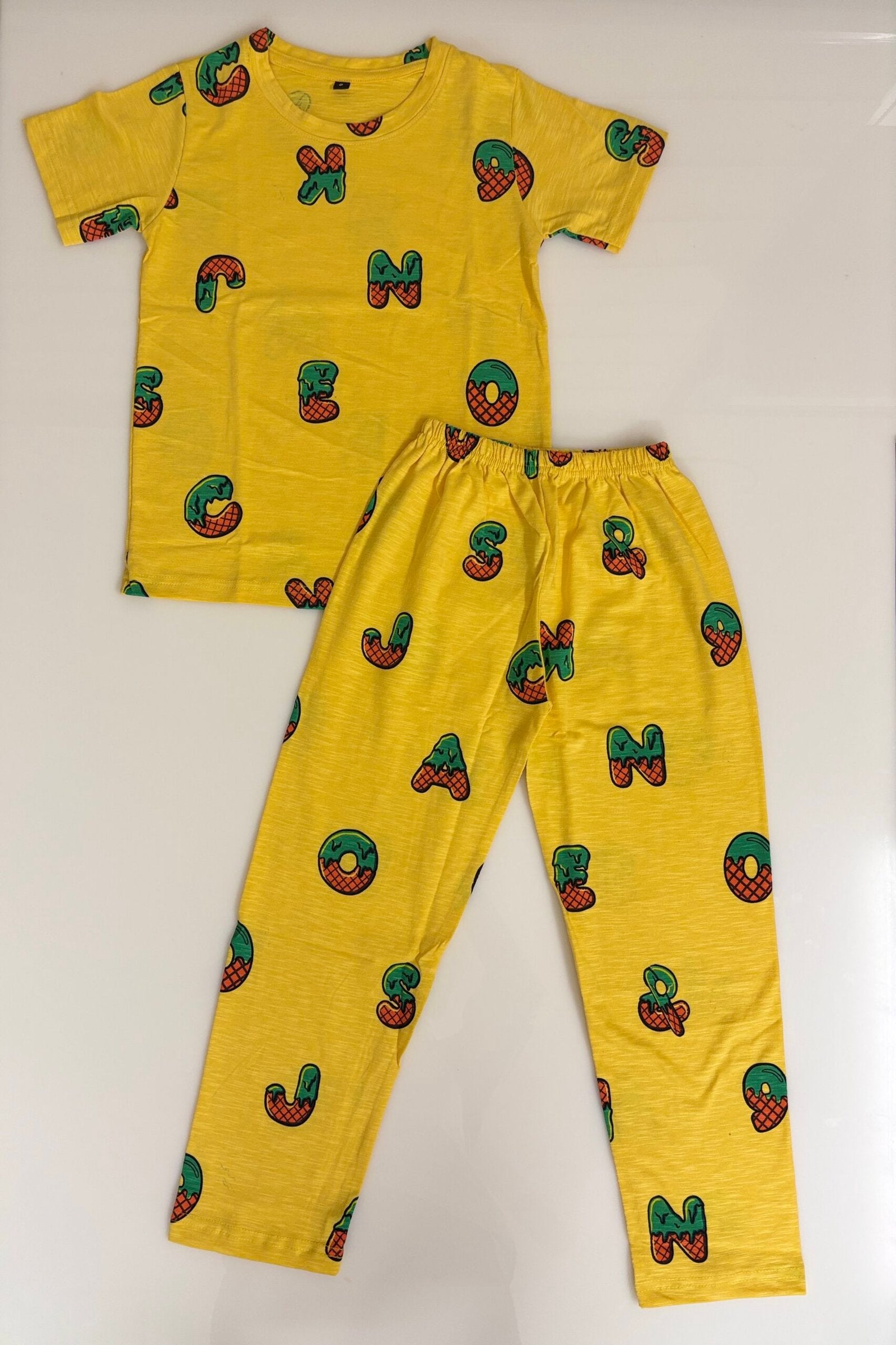 Yellow Alphabetical Letters Printed T-Shirt and Pant Co-ords